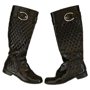 Stuart Weitzman Black Patent Leather Quilted Knee Boots